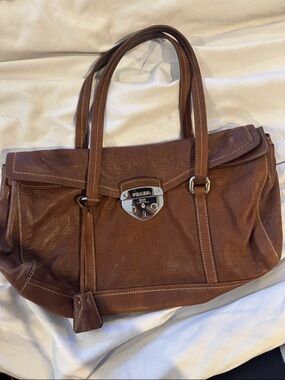 Prada Cognac Leather Tote with Silver Lock